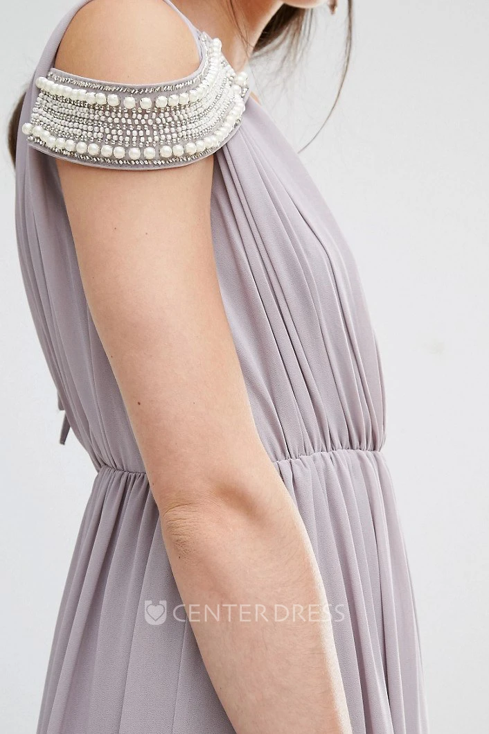 Sheath Beaded V-Neck Chiffon Bridesmaid Dress With Criss Cross