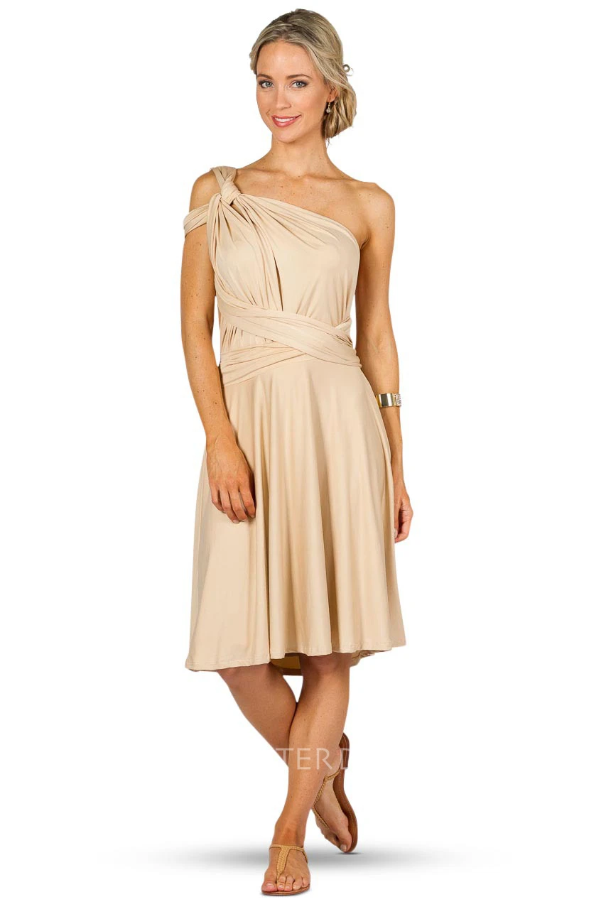 Knee-Length Sleeveless Ruched One-Shoulder Chiffon Convertible Bridesmaid Dress With Straps