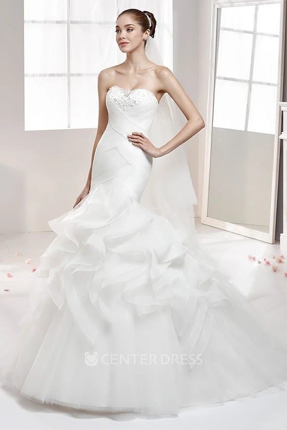 Strapless Ruffled Mermaid Wedding Gown with Beaded Bust and Crisscross Waist