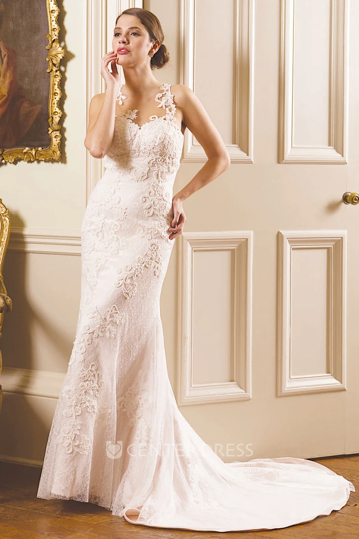 Sheath Sleeveless Appliqued Floor-Length Lace Spring Wedding Dress With Illusion Back And Court Train