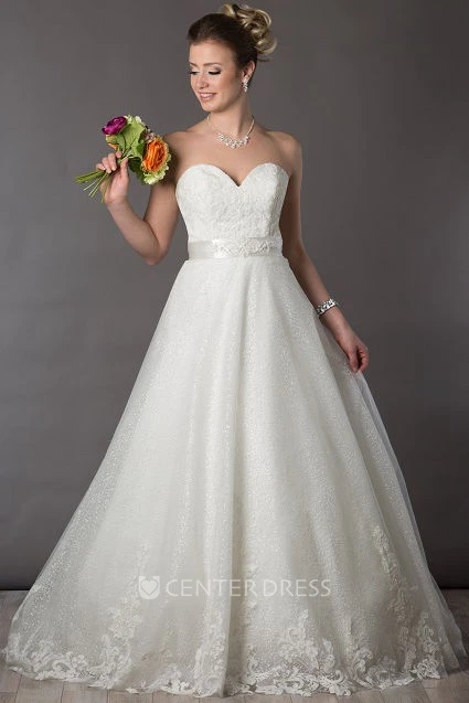 Sweetheart A-Line Embroidered Bridal Gown With Satin Sash
