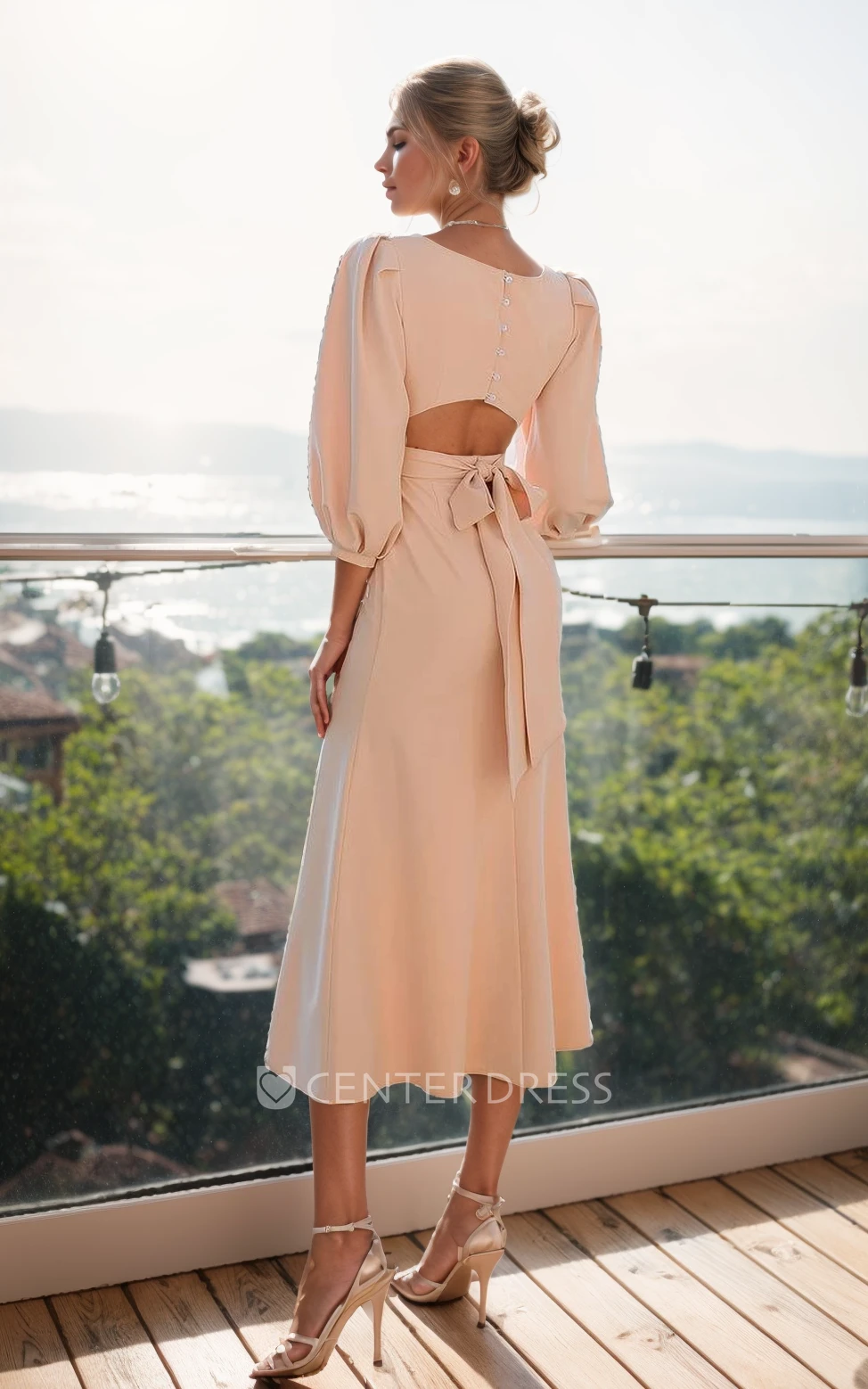 Modest Solid Vintage A-Line Jersey Winter Wedding Dress Backless Bateau Neck Tea-length Long Sleeve Bridal Gown with Button Back Sash