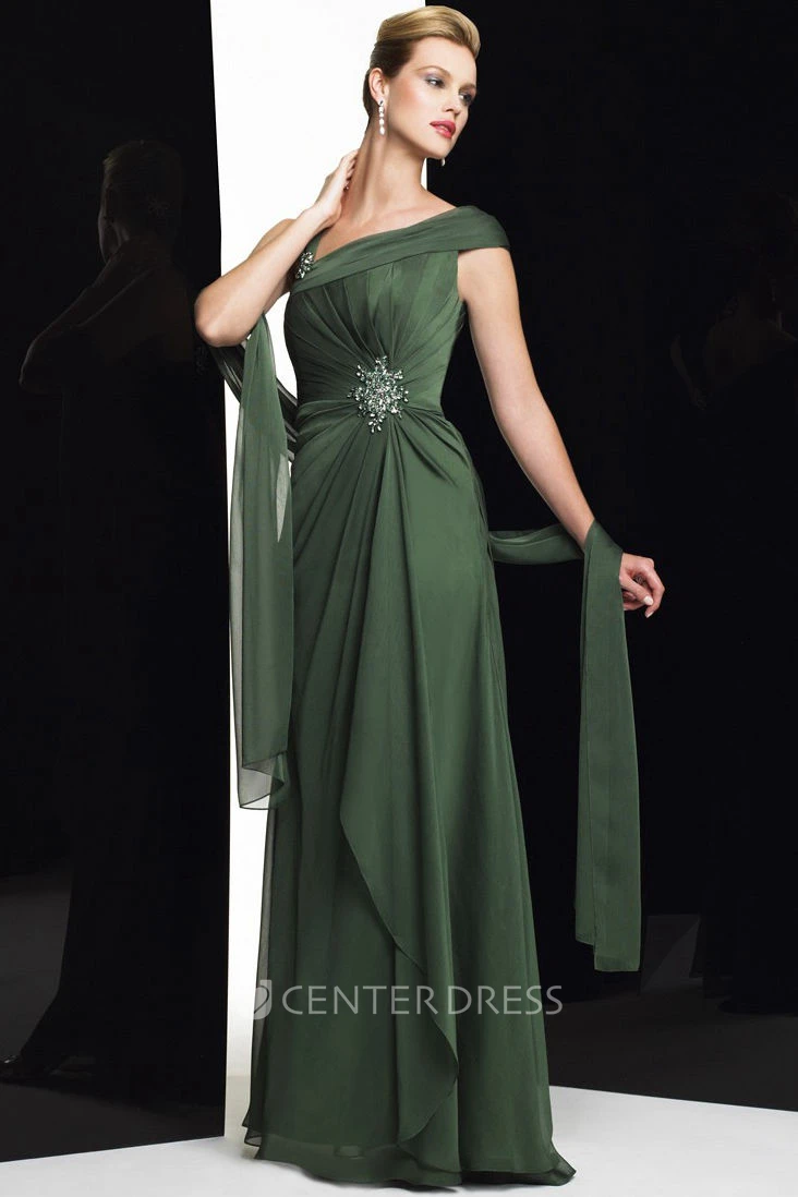 Sheath Cap-Sleeve Maxi Broach Chiffon Formal Dress With Draping
