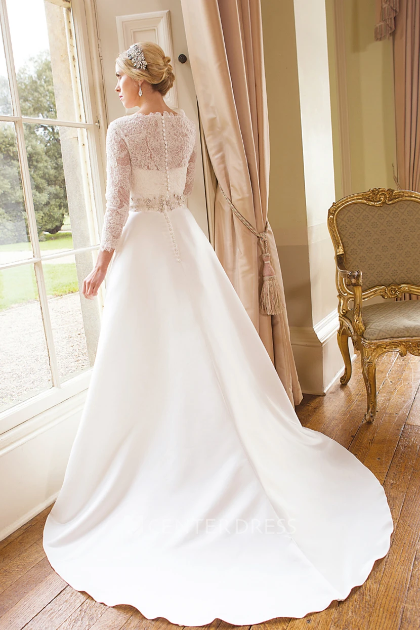 A-Line Bateau Neck Appliqued Long Sleeve Satin Wedding Dress