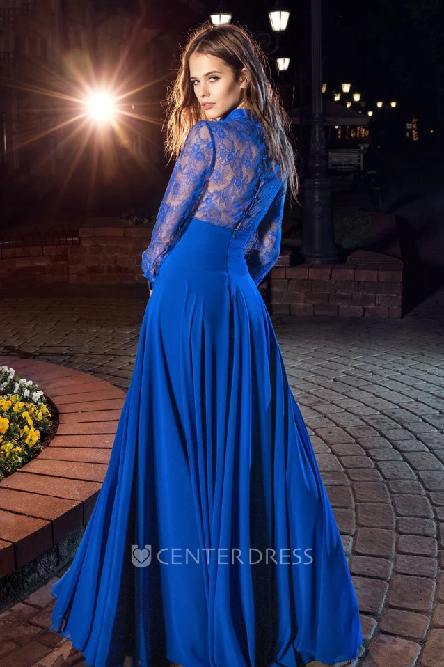 A-Line High Neck Long Sleeve Tulle Lace Illusion Dress With Pleats