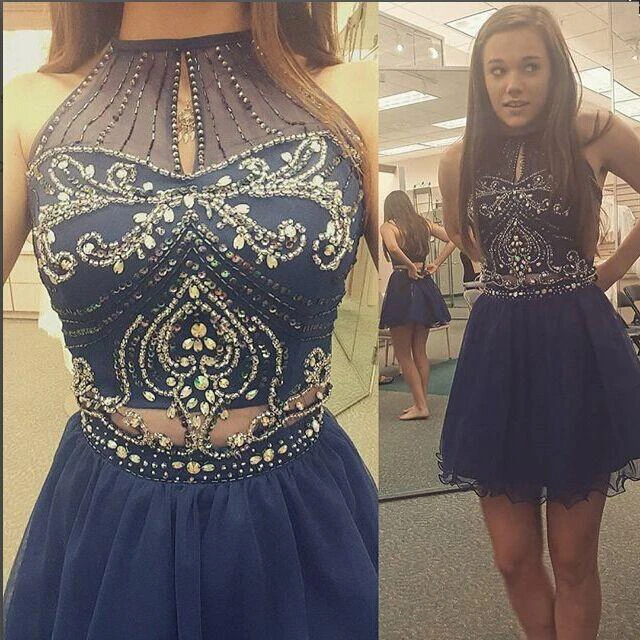 Sexy Halter Beadings Crystals Cocktail Dress Mini Sleeveless