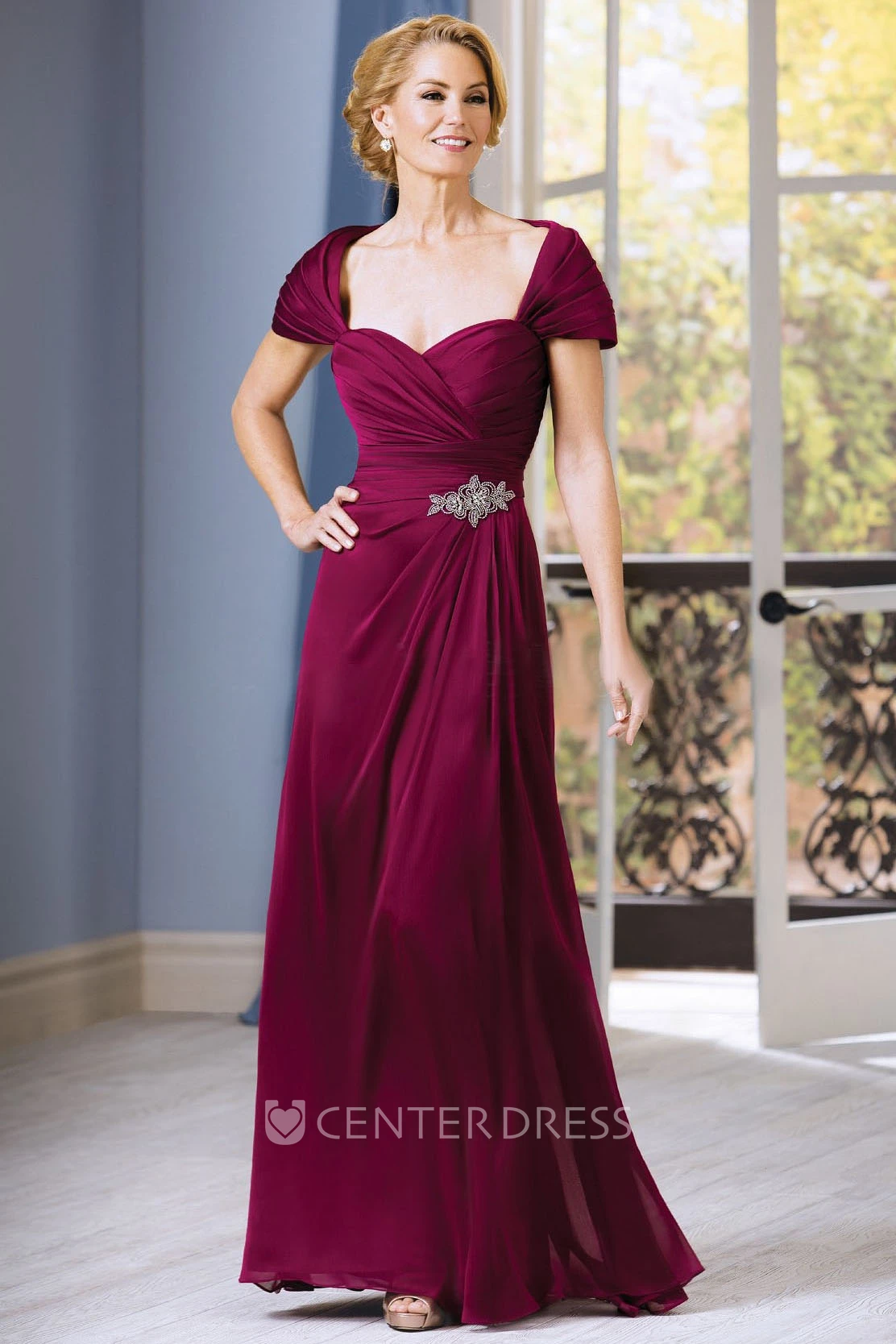 Short-Sleeved A-Line Gown With Beadings And Ruching