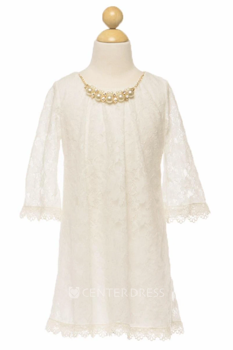 Tea-Length Scalloped Beaded Lace Flower Girl Dress