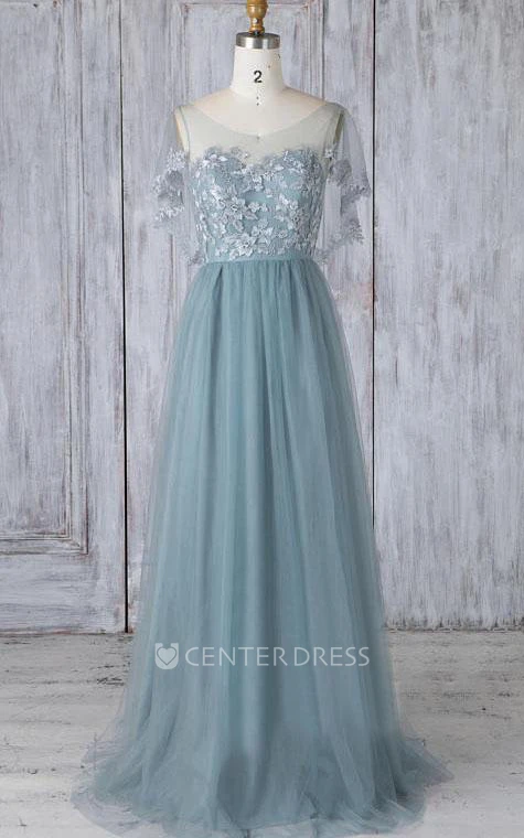 Scoop Tulle Short Sleeve Floor-length A Line Formal Dress with Appliques