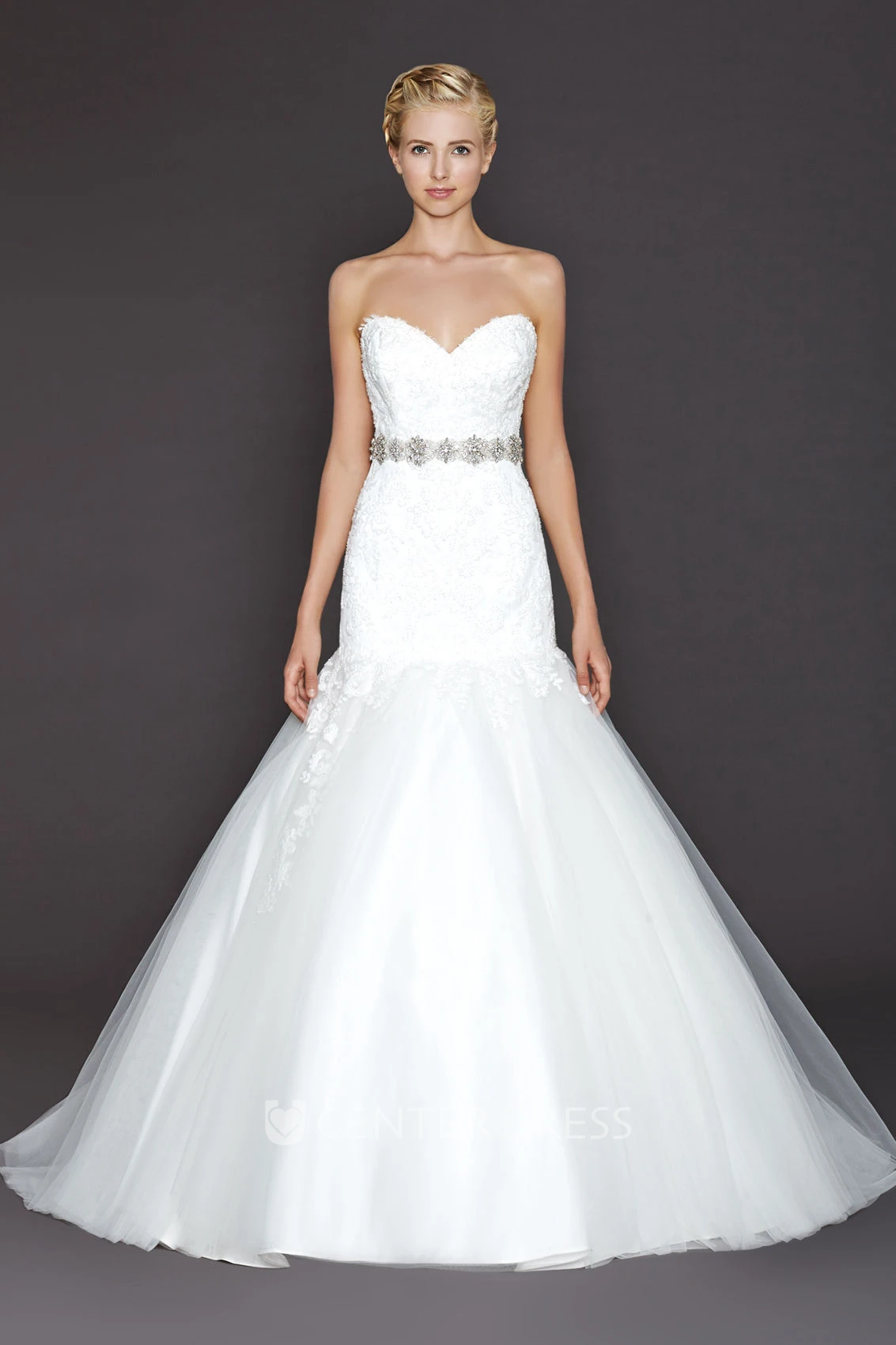 Trumpet Jeweled Floor-Length Sweetheart Tulle&Lace Wedding Dress With Appliques And V Back