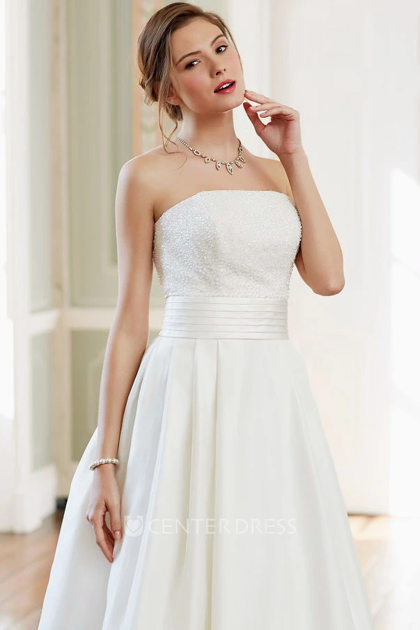 A-Line Beaded Strapless Sleeveless Long Satin Wedding Dress With Backless Style And Court Train