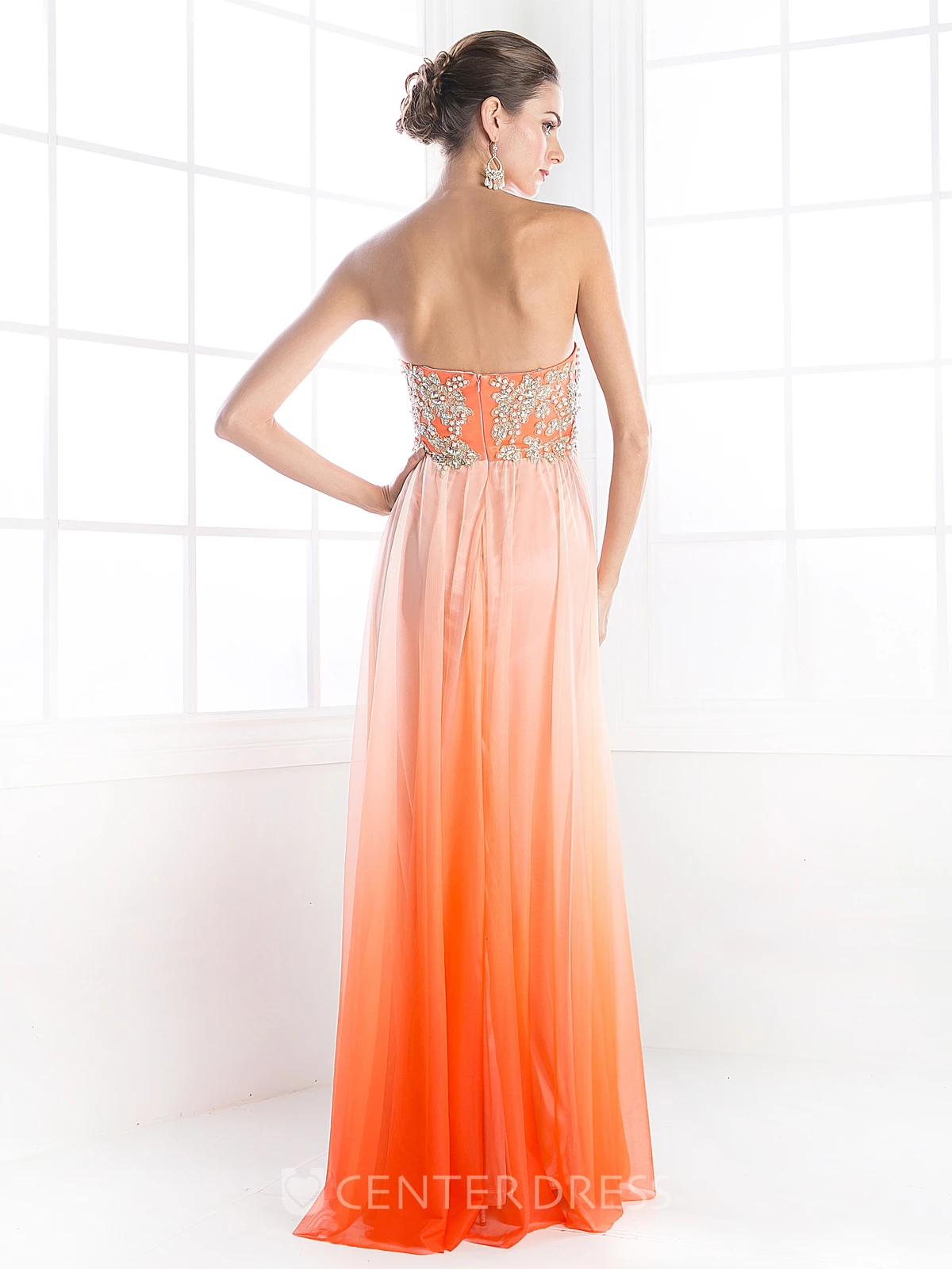 Ombre Sheath Strapless Sleeveless Chiffon Backless Dress With Beading
