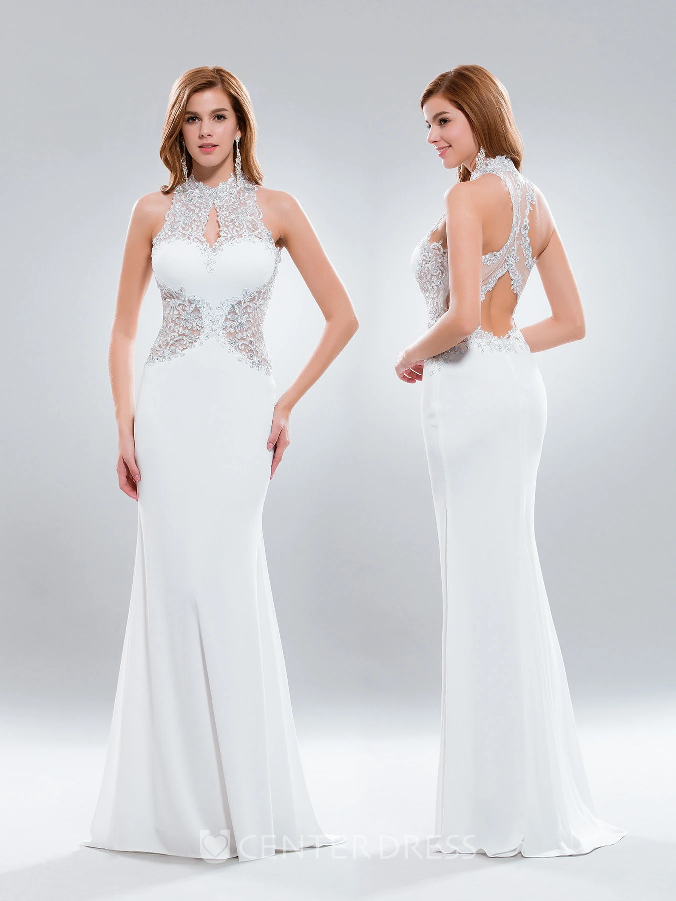 Sheath High Neck Sleeveless Jersey Keyhole Dress With Appliques
