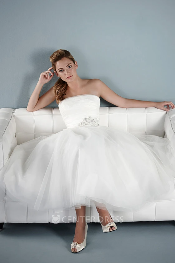 Tea-Length A-Line Strapless Jeweled Tulle Wedding Dress