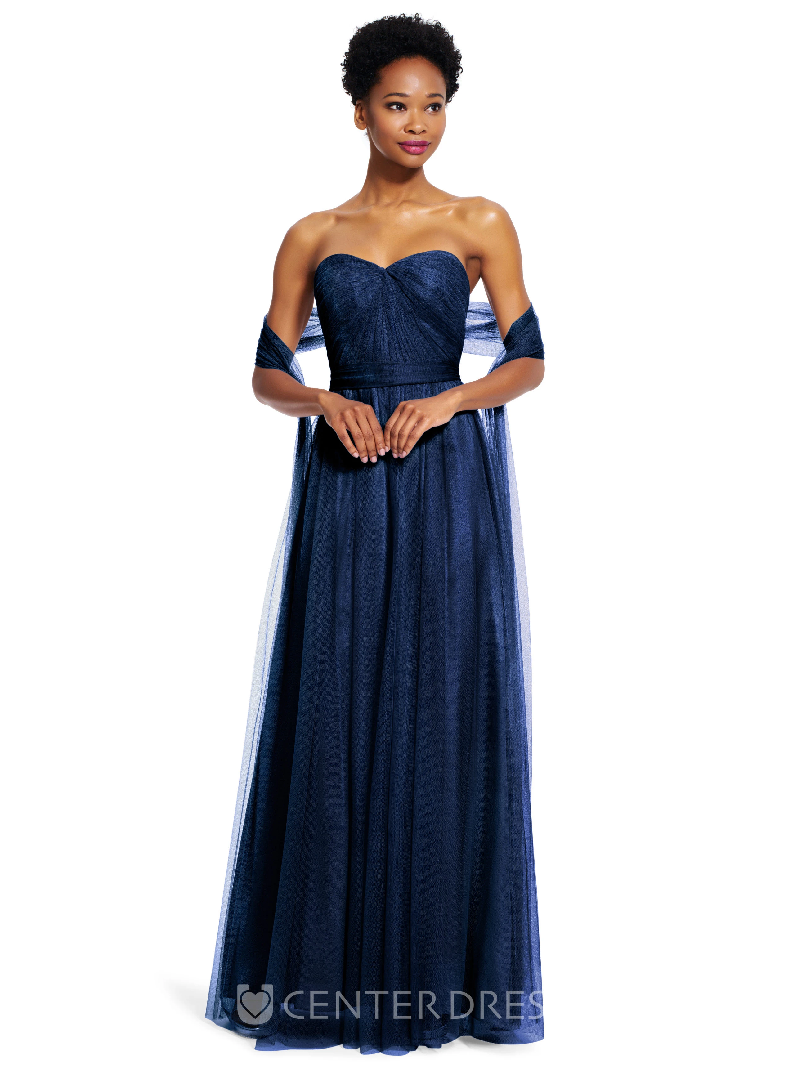 A-Line Long Ruched Strapped Sleeveless Tulle Bridesmaid Dress With Sash