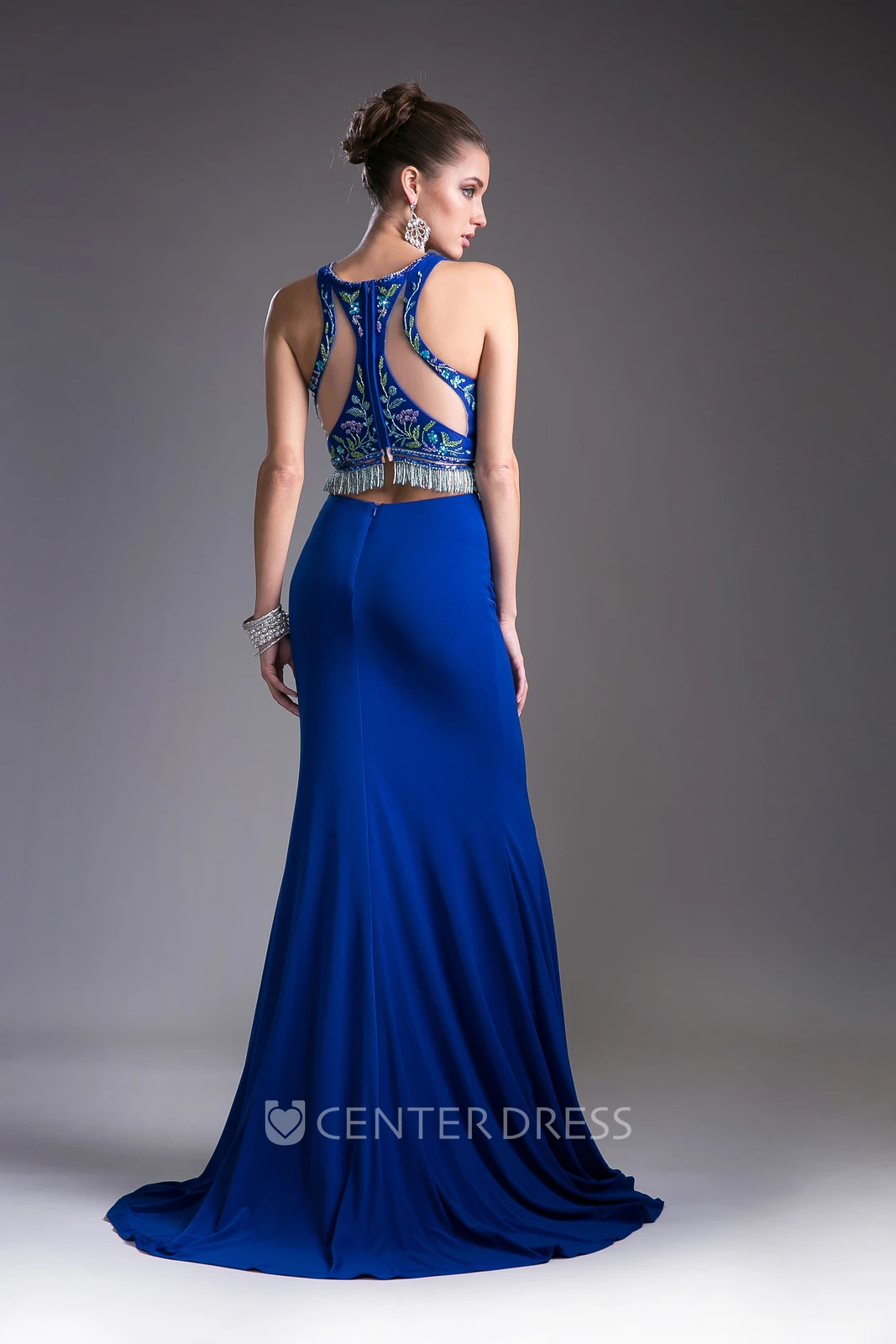 Two-Piece Sheath Jewel-Neck Sleeveless Jersey Zipper Dress With Appliques