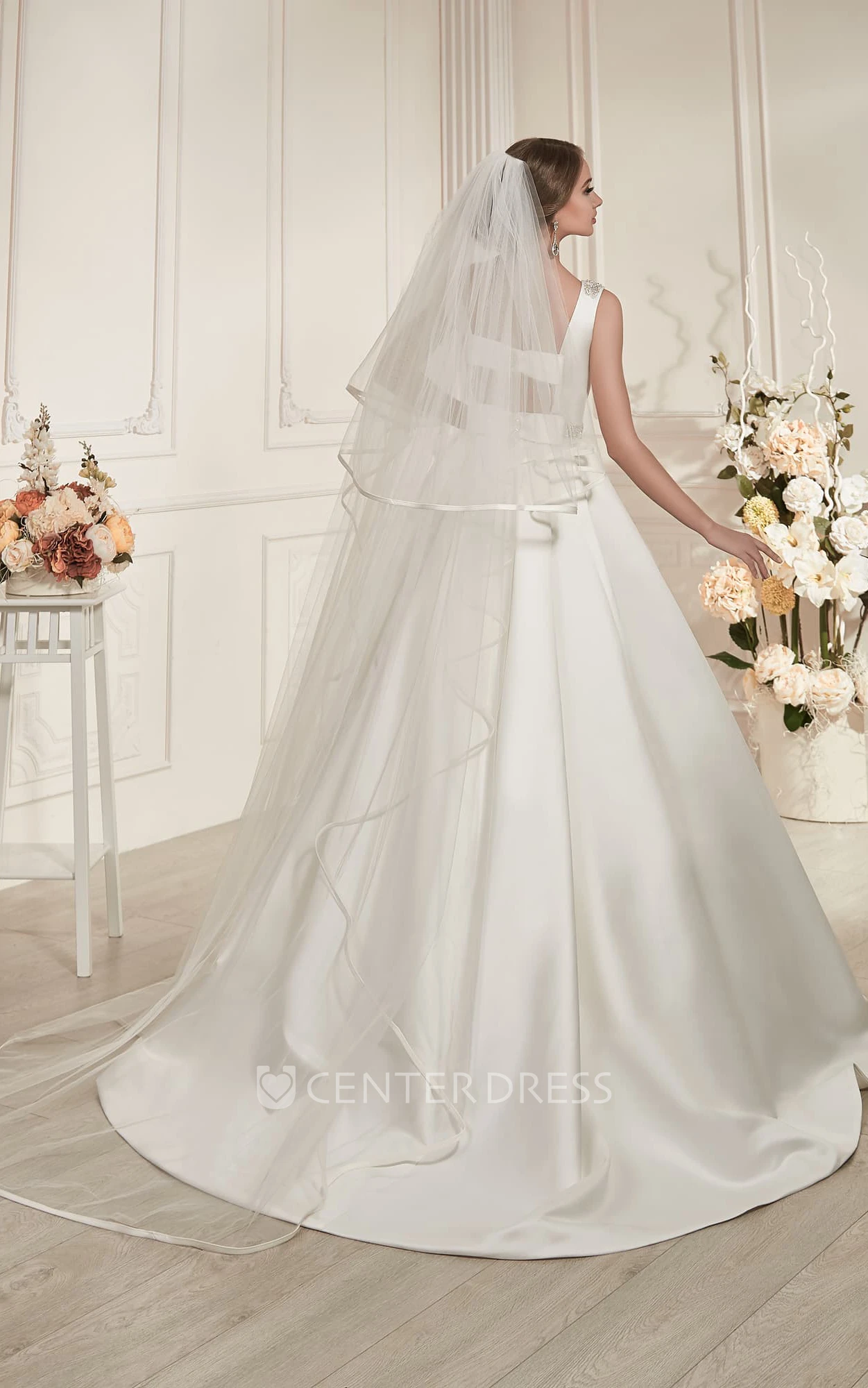 A-Line Floor-Length Scoop-Neck Sleeveless Keyhole Satin Dress With Beading And Pleatings