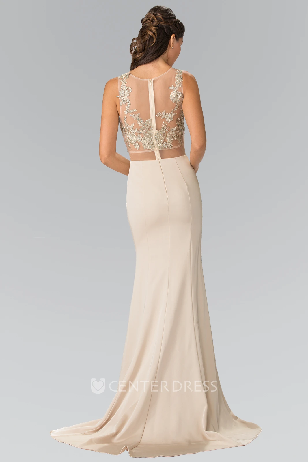 Sheath Maxi V-Neck Sleeveless Jersey Illusion Dress With Beading