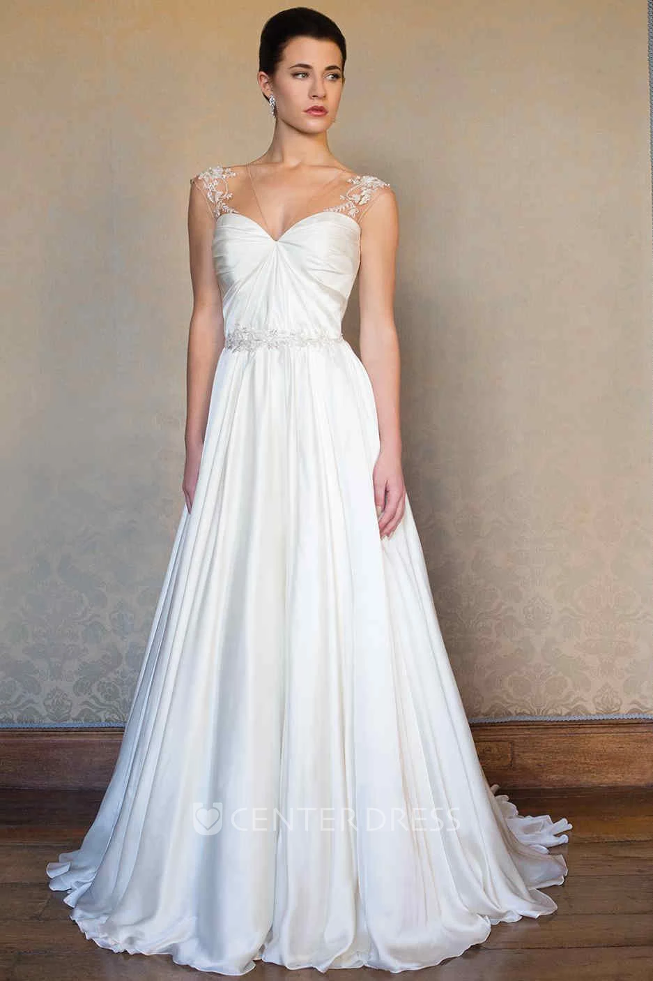 A-Line Sleeveless V-Neck Appliqued Long Stretched Satin Warm Wedding Dress With Pleats