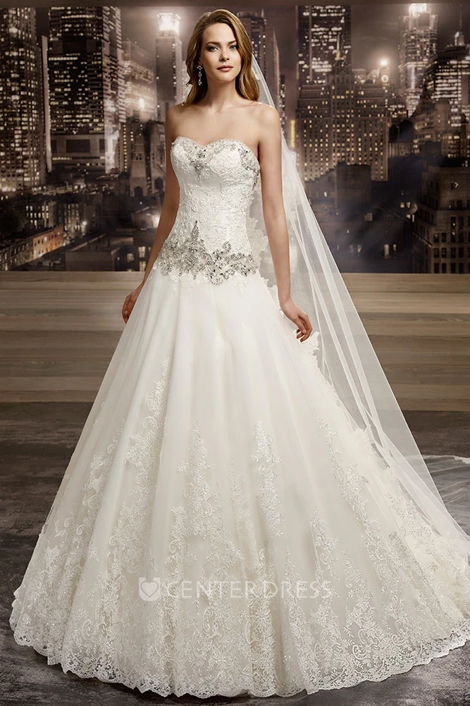 Sweetheart Brush-train A-line Lace Wedding Gown with Beaded Details and Appliques 