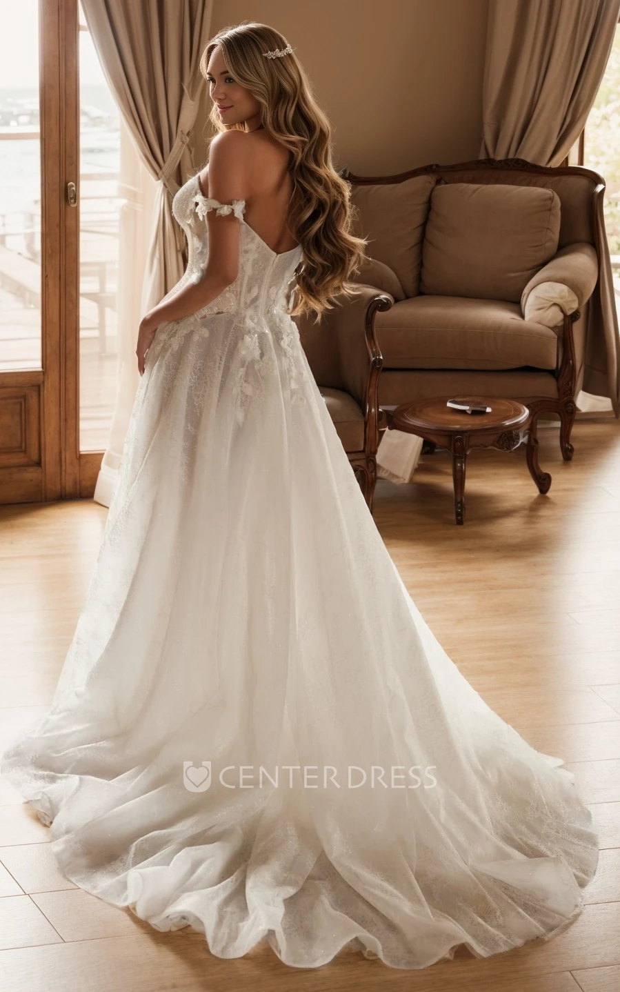 Elegant Flowy A-Line Spaghetti Straps Boho Lace Winter Wedding Dress Modern Floral Backless Court Train Bridal Gown