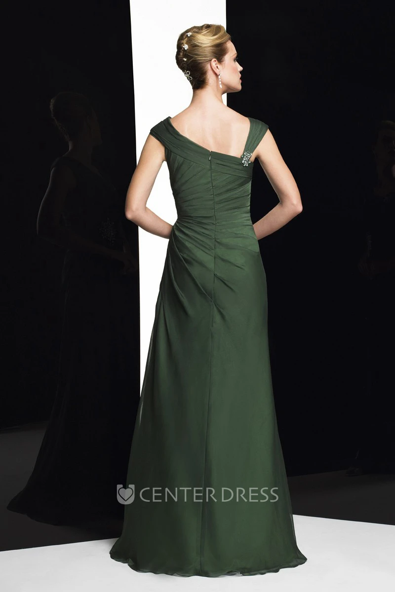 Sheath Cap-Sleeve Maxi Broach Chiffon Formal Dress With Draping