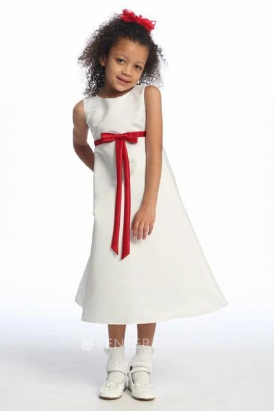 Ankle-Length Bowed Sleeveless Satin Flower Girl Dress