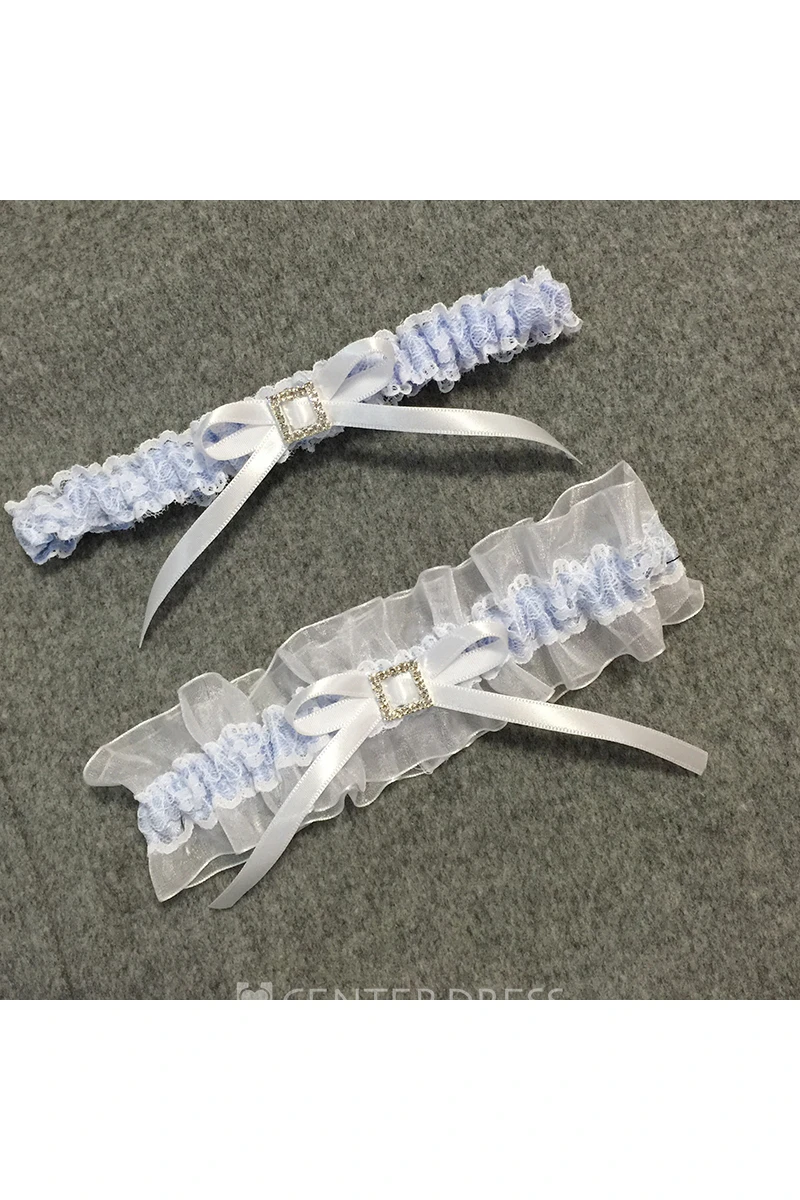 Western Style Fresh Light Blue Bow Elastic Two-piece Lace Garter Within 16-23inch