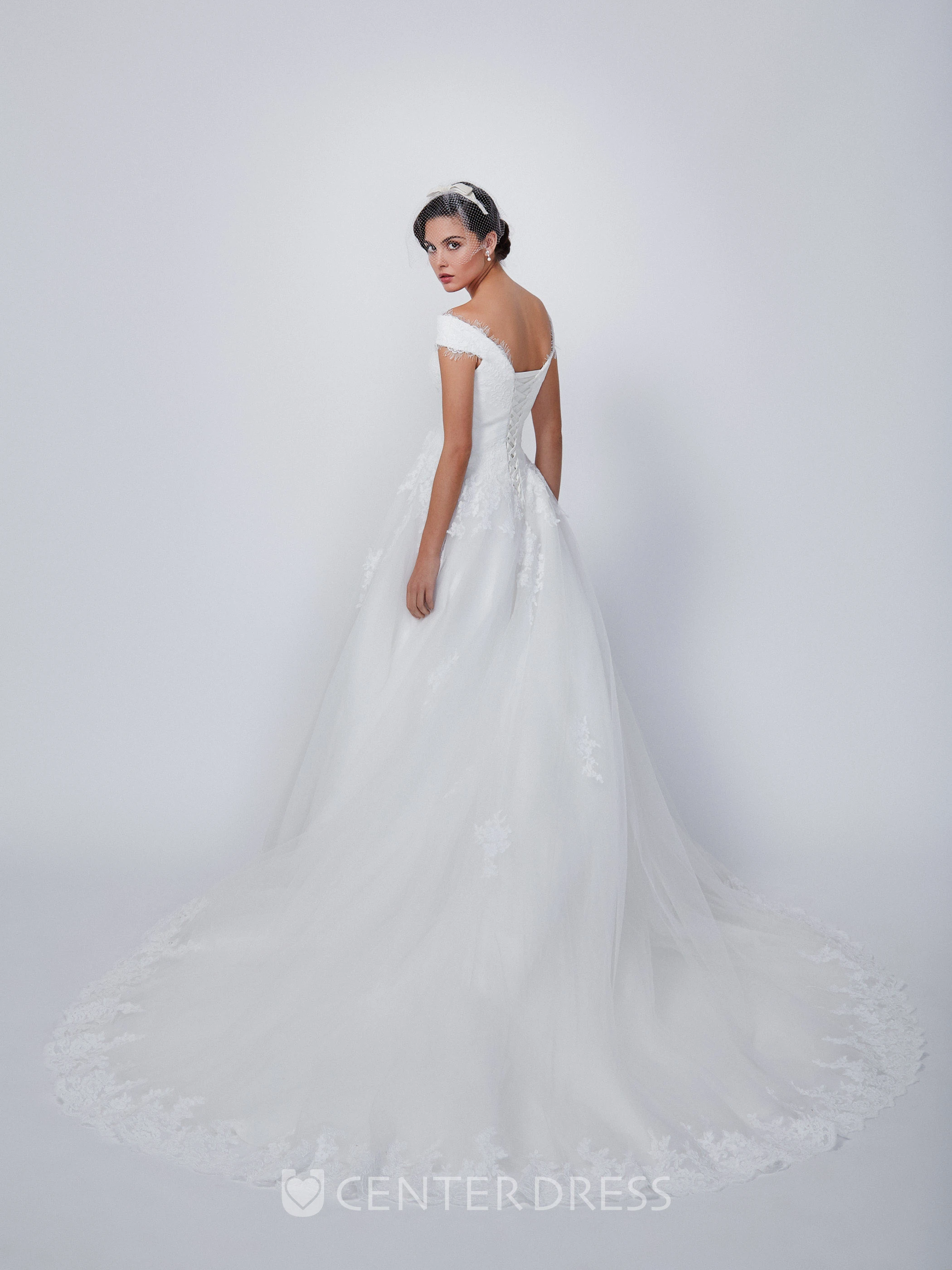 Ball Gown Long V-Neck Tulle&Lace Wedding Dress With Appliques And Corset Back