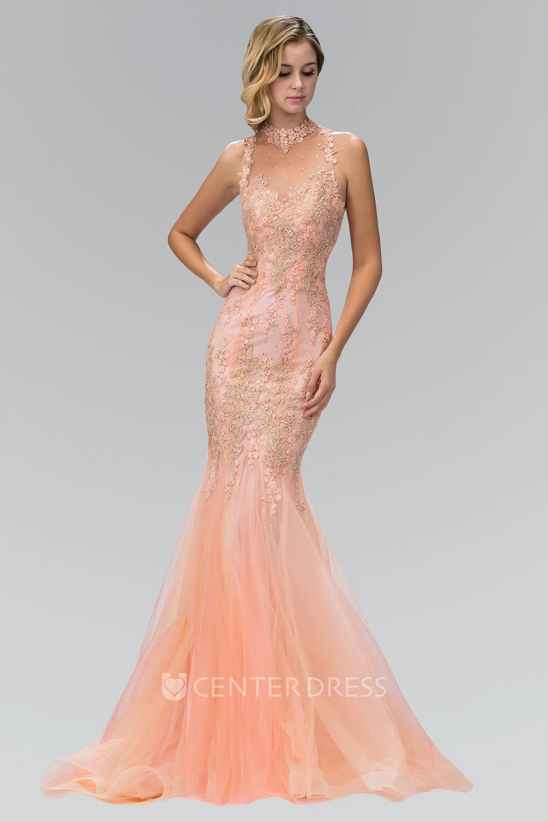 Mermaid Halter Sleeveless Tulle Illusion Dress With Appliques And Beading