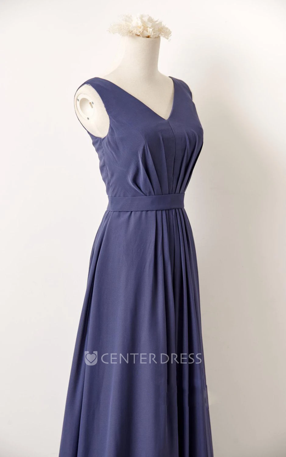 A-Line V-Neck Chiffon Dress With Pleats