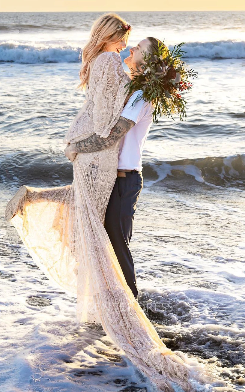 Romantic Lace Winter Wedding Dress A-Line V-neck Illusion Back Long Sleeves Garden Sexy