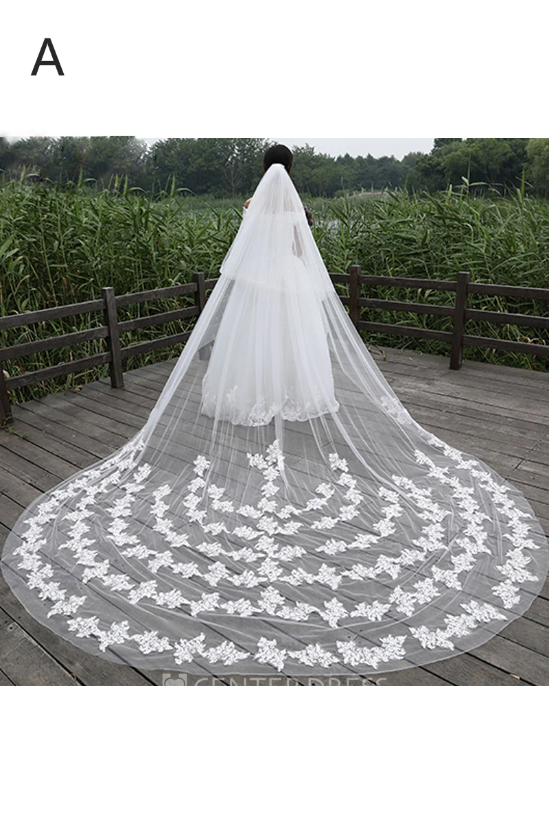 New Korean Ethereal Extra Long Tailed Wedding Veil with Lace Appliques