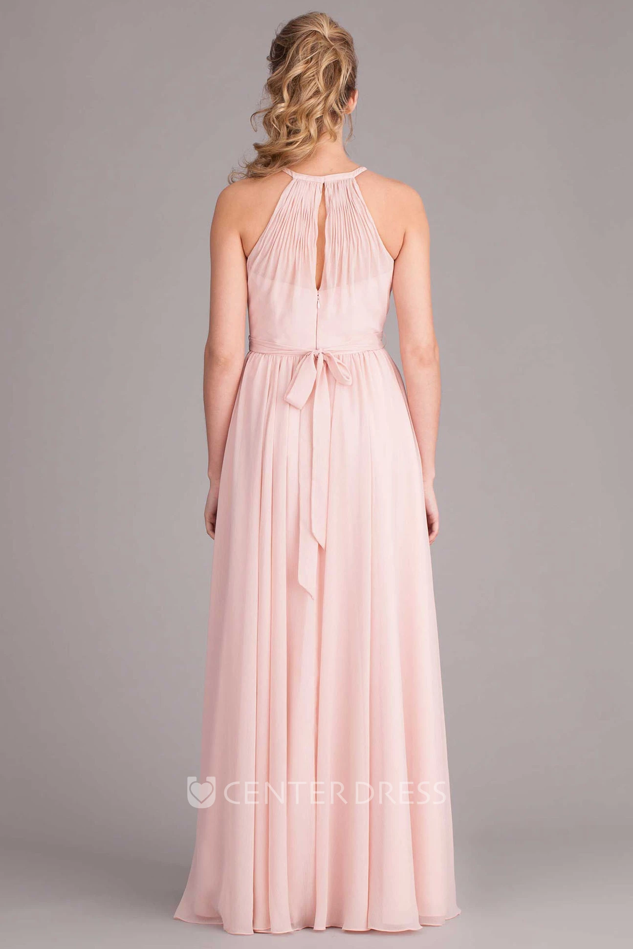 Scoop Neck Bowed Sleeveless Chiffon Bridesmaid Dress With Pleats