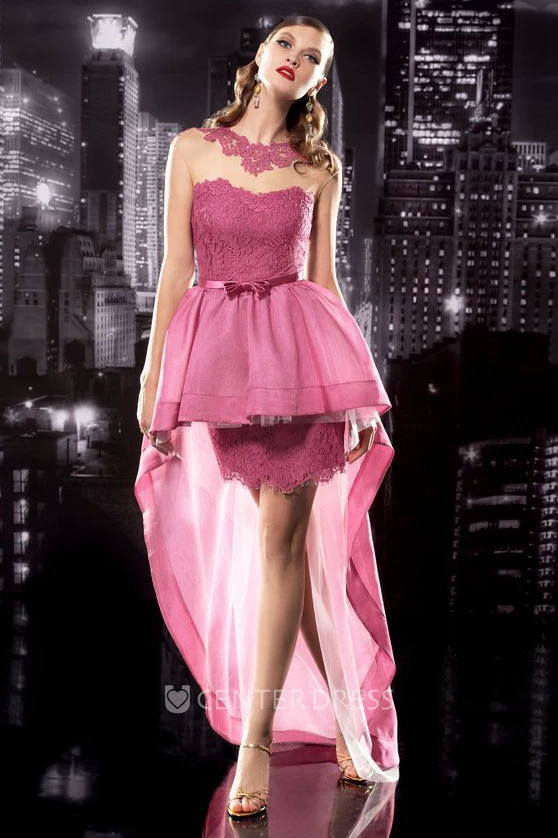 A-Line High-Low Jewel-Neck Cap-Sleeve Lace Illusion Dress