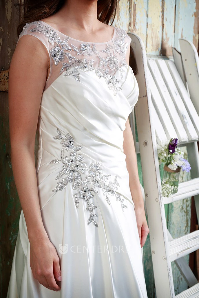 Scoop-Neck Maxi Ruched Cap-Sleeve Satin Wedding Dress With Crystal Detailing