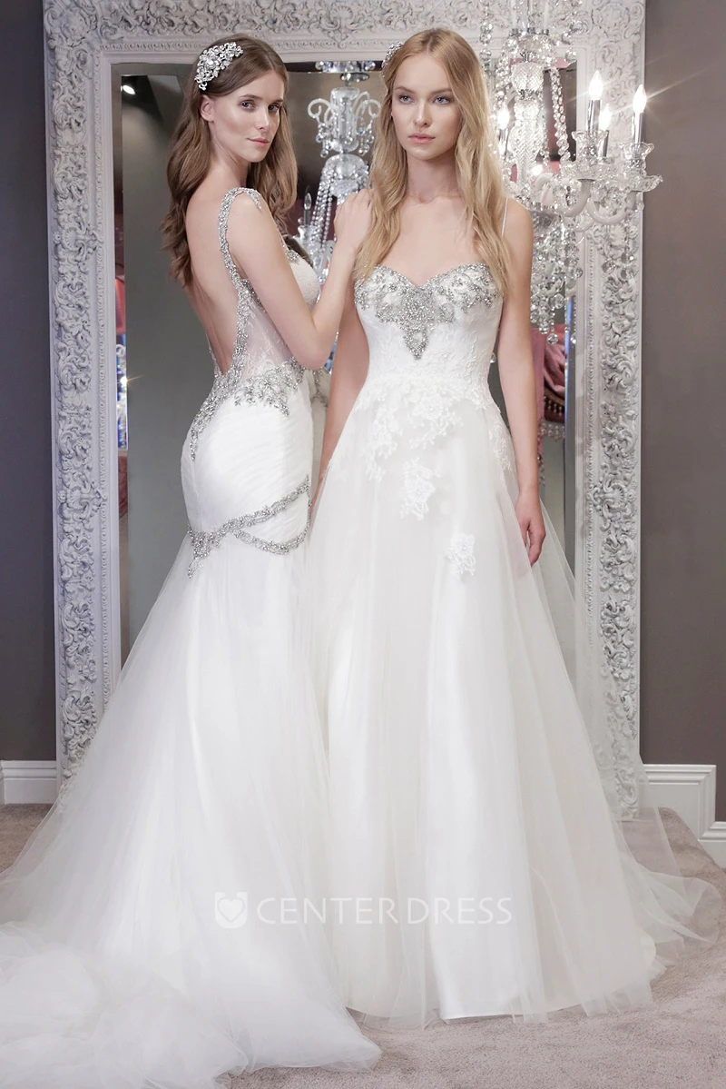A-Line Beaded Long Spaghetti Sleeveless Tulle Wedding Dress With Backless Style And Ruching