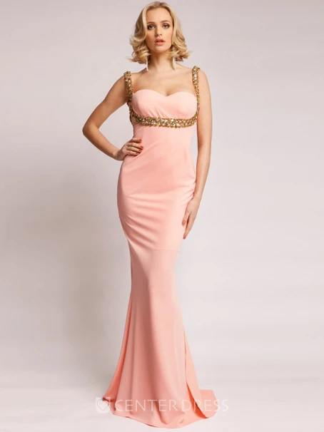 Sheath Strapped Sleeveless Beaded Long Jersey Prom Dress