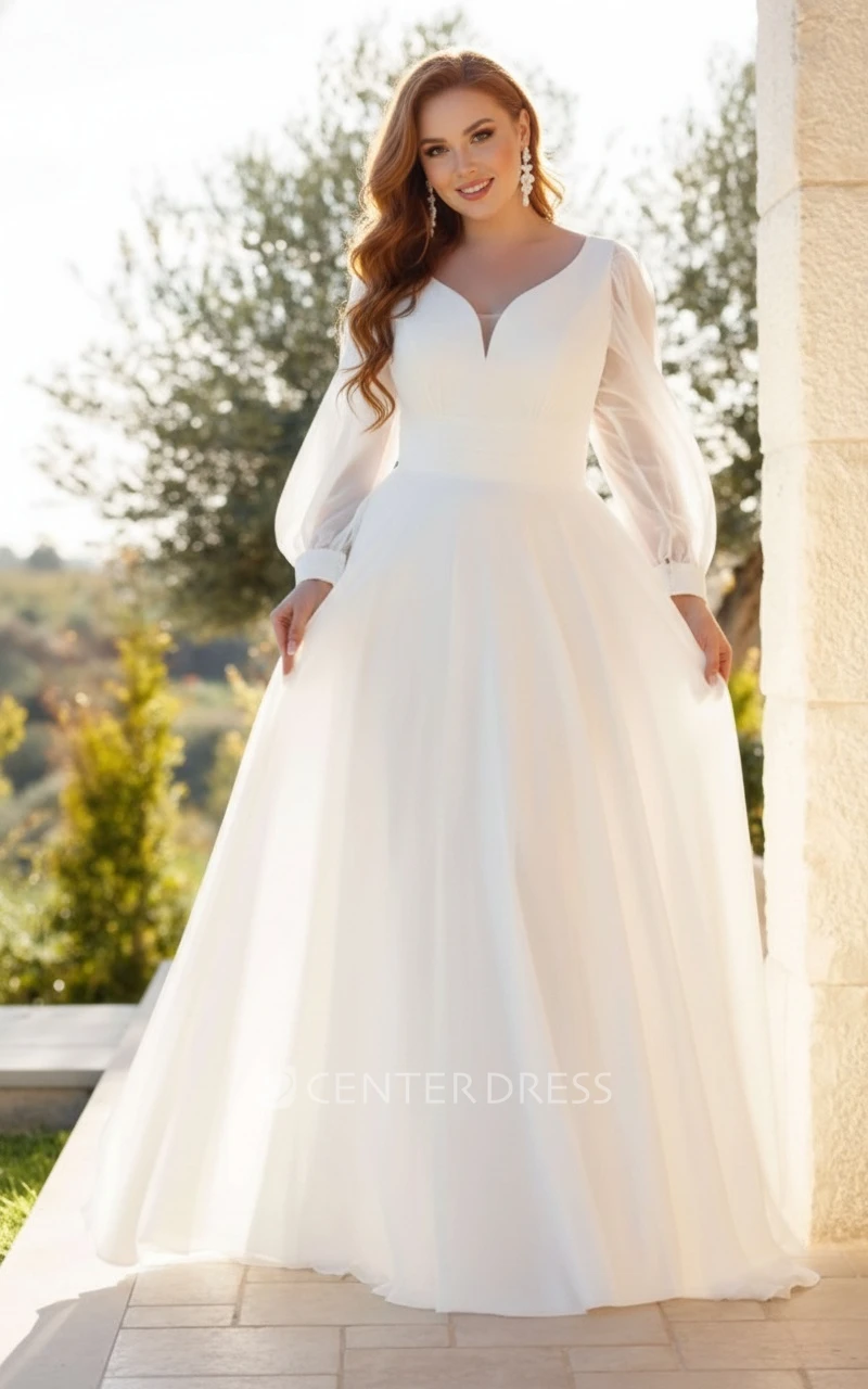 Modern Plus Size Chiffon Wedding Dress with Long Sleeves and V-Neck A-Line Bridal Gown