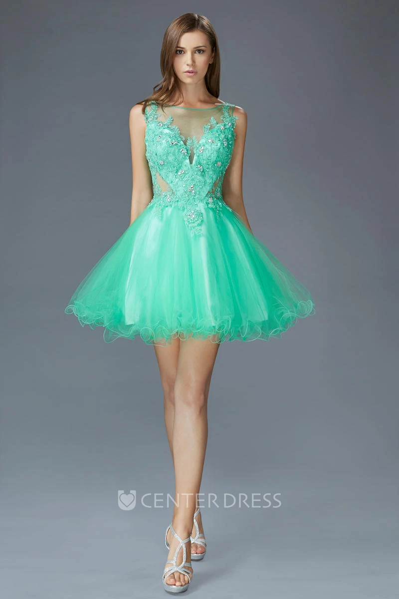 A-Line Short Bateau Sleeveless Low-V Back Dress With Appliques And Beading
