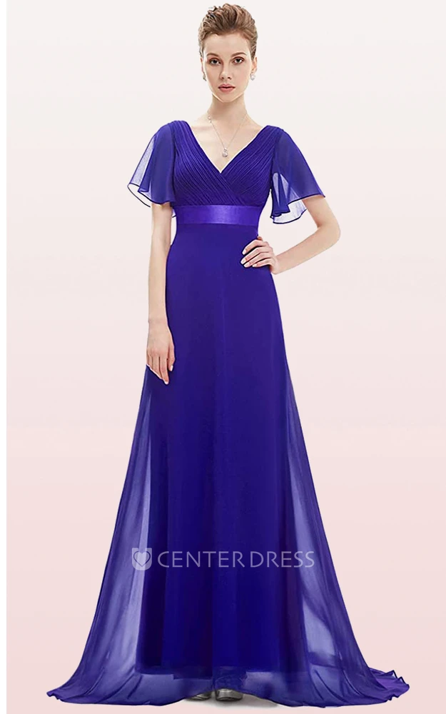 Romantic A Line Chiffon V-neck Short Sleeve Prom Evening Dress With Ruffles