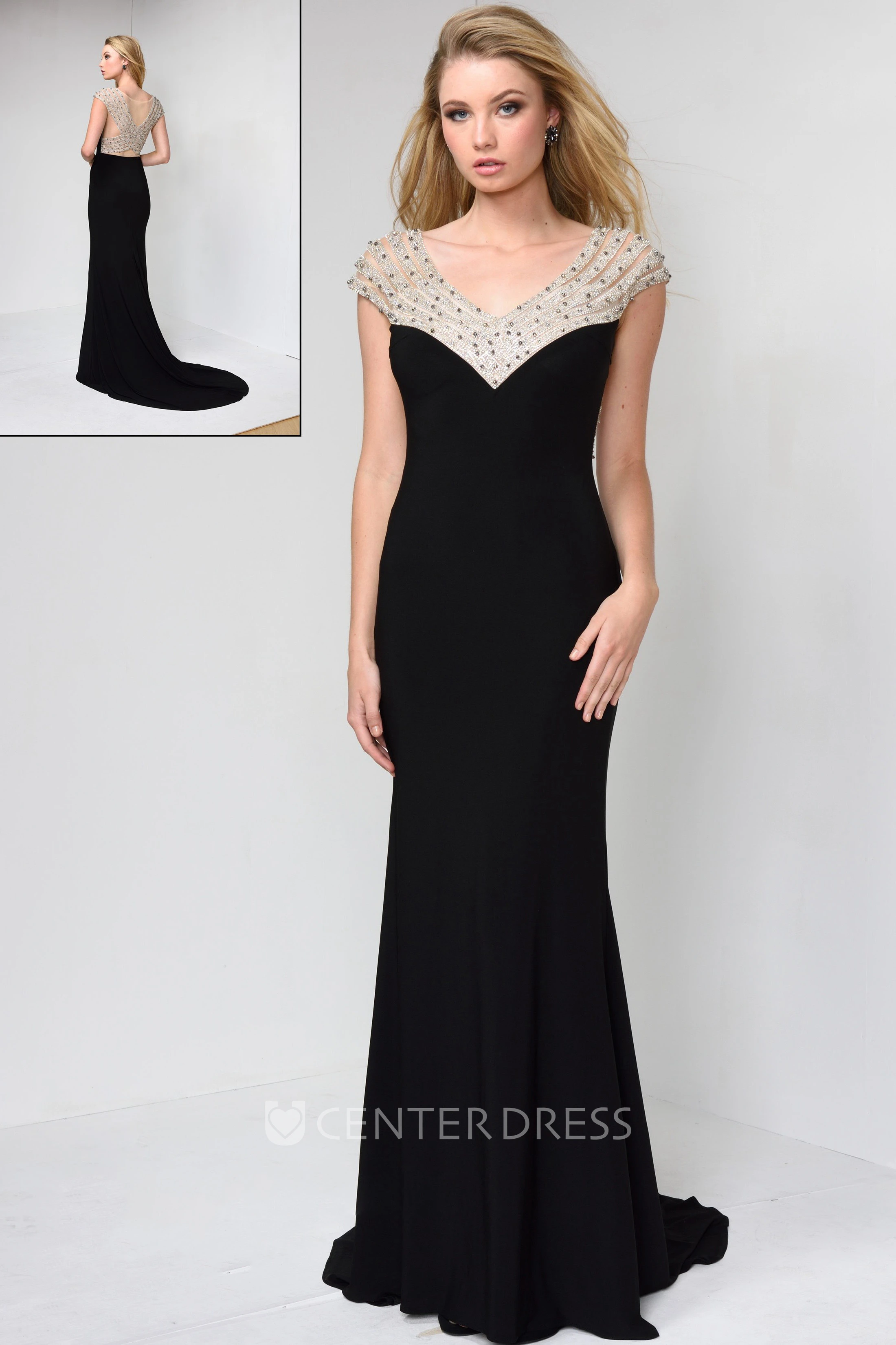 Sheath V-Neck Cap-Sleeve Jersey Court Train Low-V Back Dress With Beading