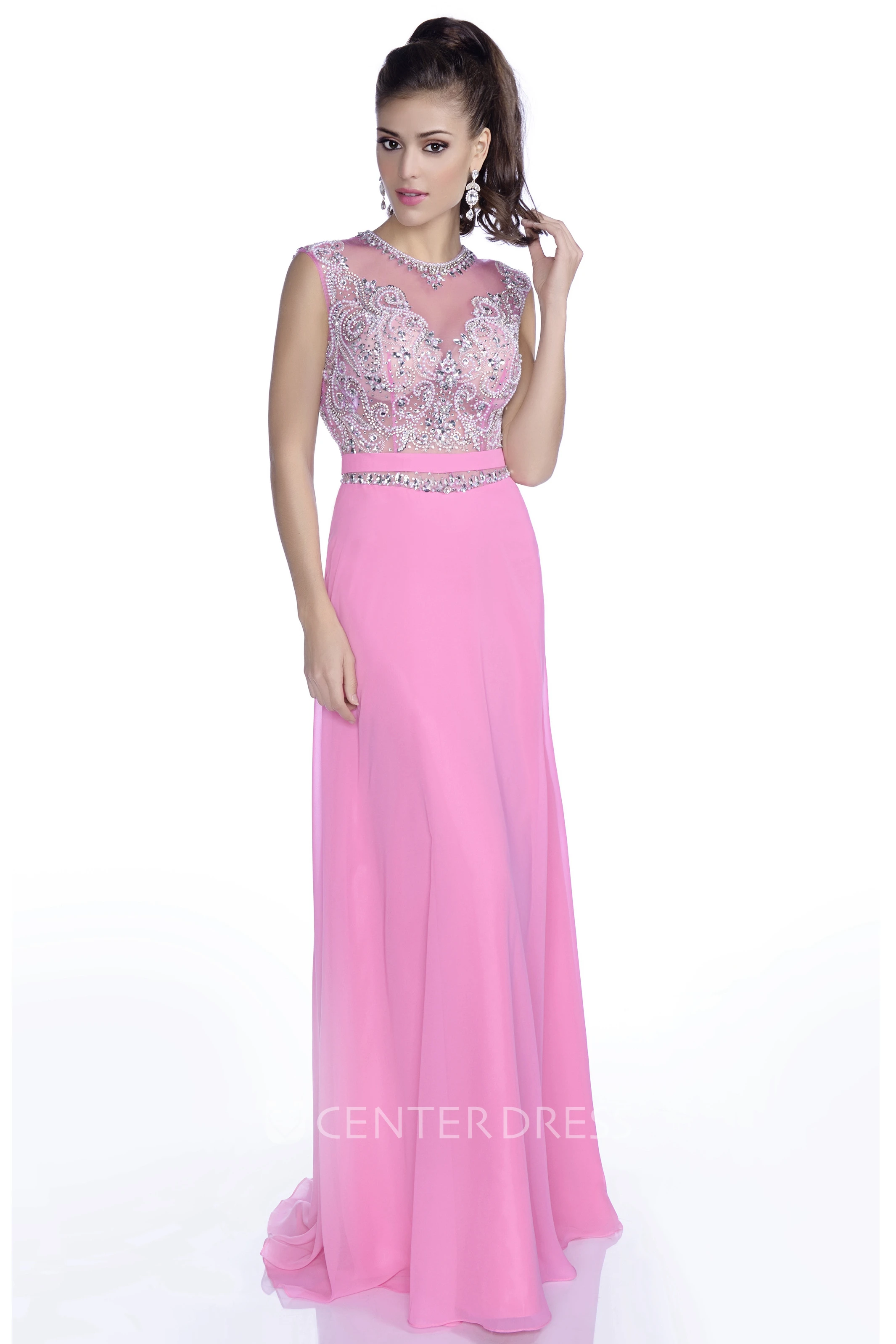 Sheath Chiffon Sleeveless Gown With Rhinestones And Appliques