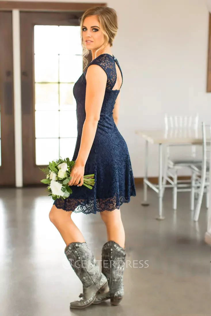 Sleeveless Keyhole Romantic Adorable Short Mini Sheath Square Lace Bridesmaid Dress 