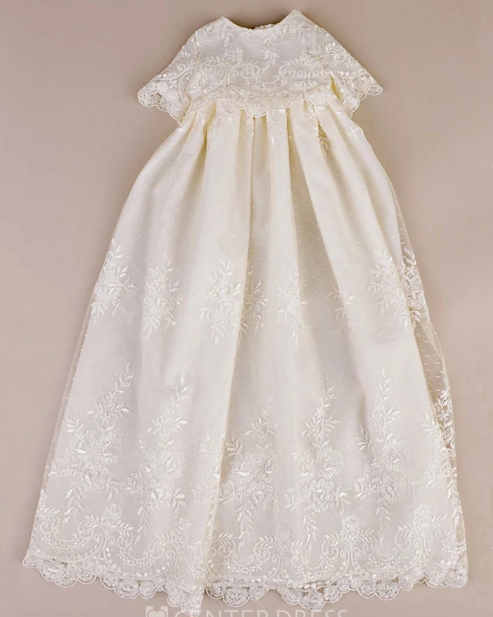 Lace Appliqued Christening Gown With Buttons And Bow