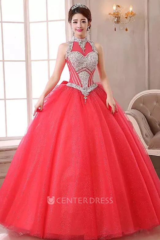 Sleeveless Ball Gown High Neck Floor-length Organza Tulle Prom Dress with Beading and Ruffles