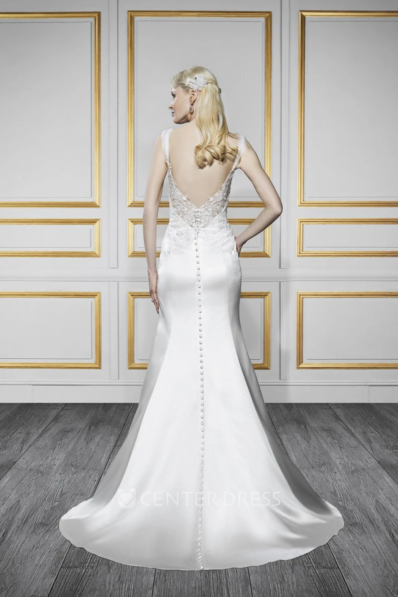 Trumpet Appliqued Floor-Length Sleeveless V-Neck Lace&Satin Wedding Dress With Brush Train And Deep-V Back