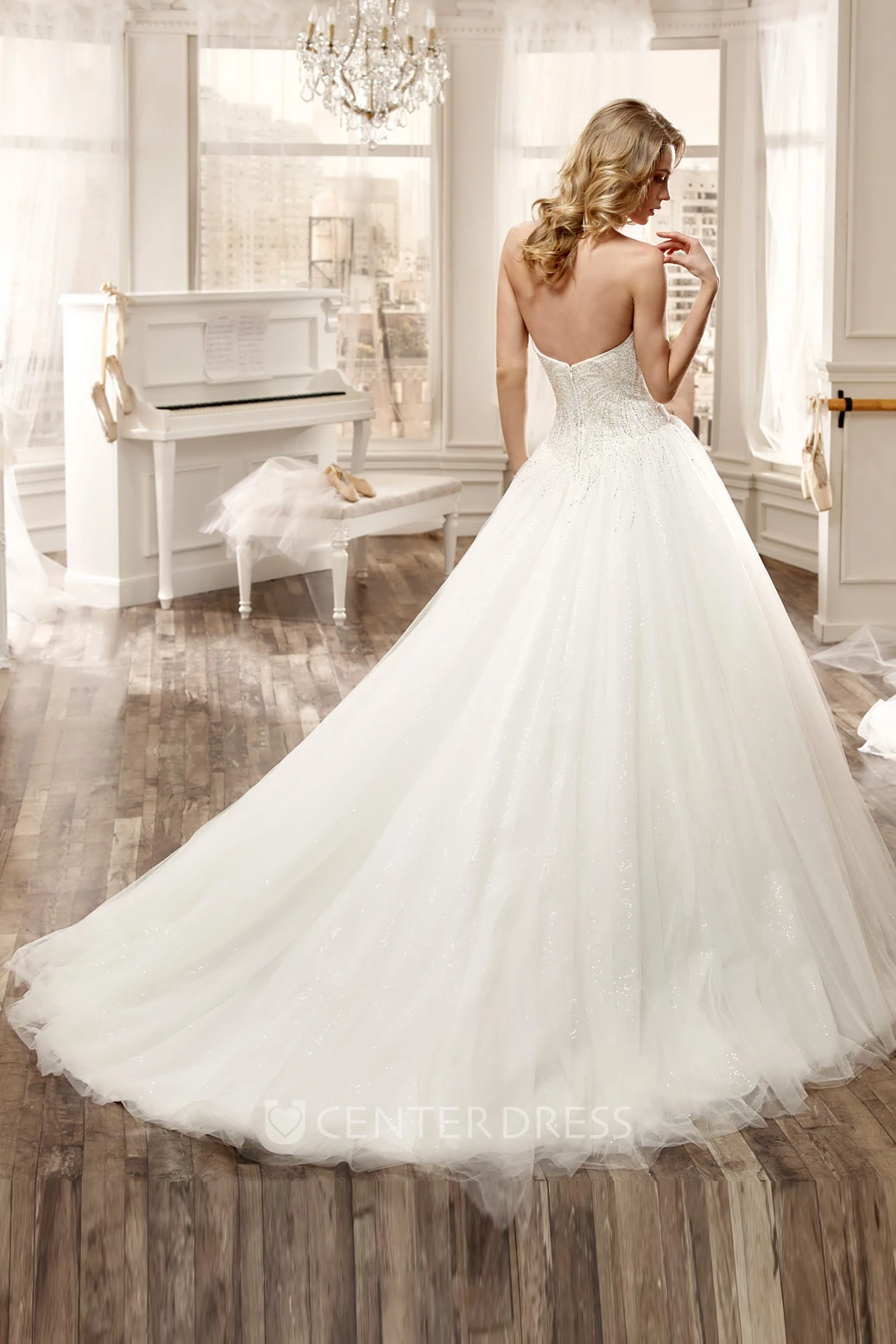 Sweetheart Beaded Long Wedding Dress With Ruching Tulle Skirt And Invert-V Waist