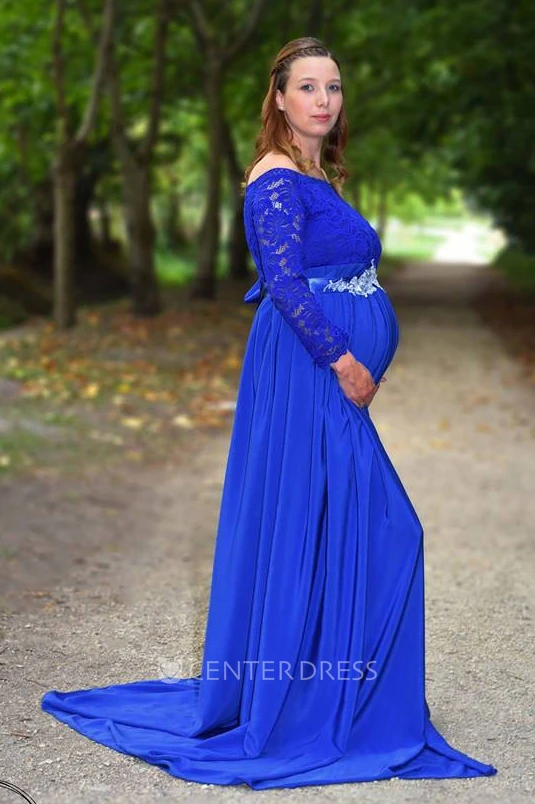 A-Line Sweep Brush Train Long Sleeve Empire Maternity Dress