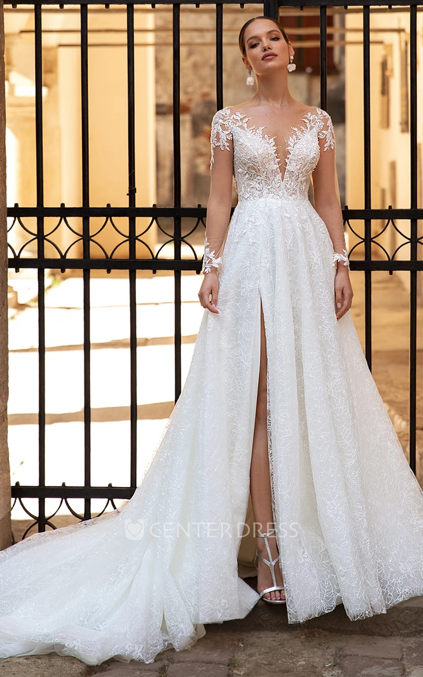 Casual Plunging Neckline A Line Tulle Warm Wedding Dress with Split Front and Beading